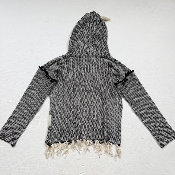 Vintage Havana Fringe Trim Baja Hoodie L Black Cream Patterned Pullover - Picture 7 of 7